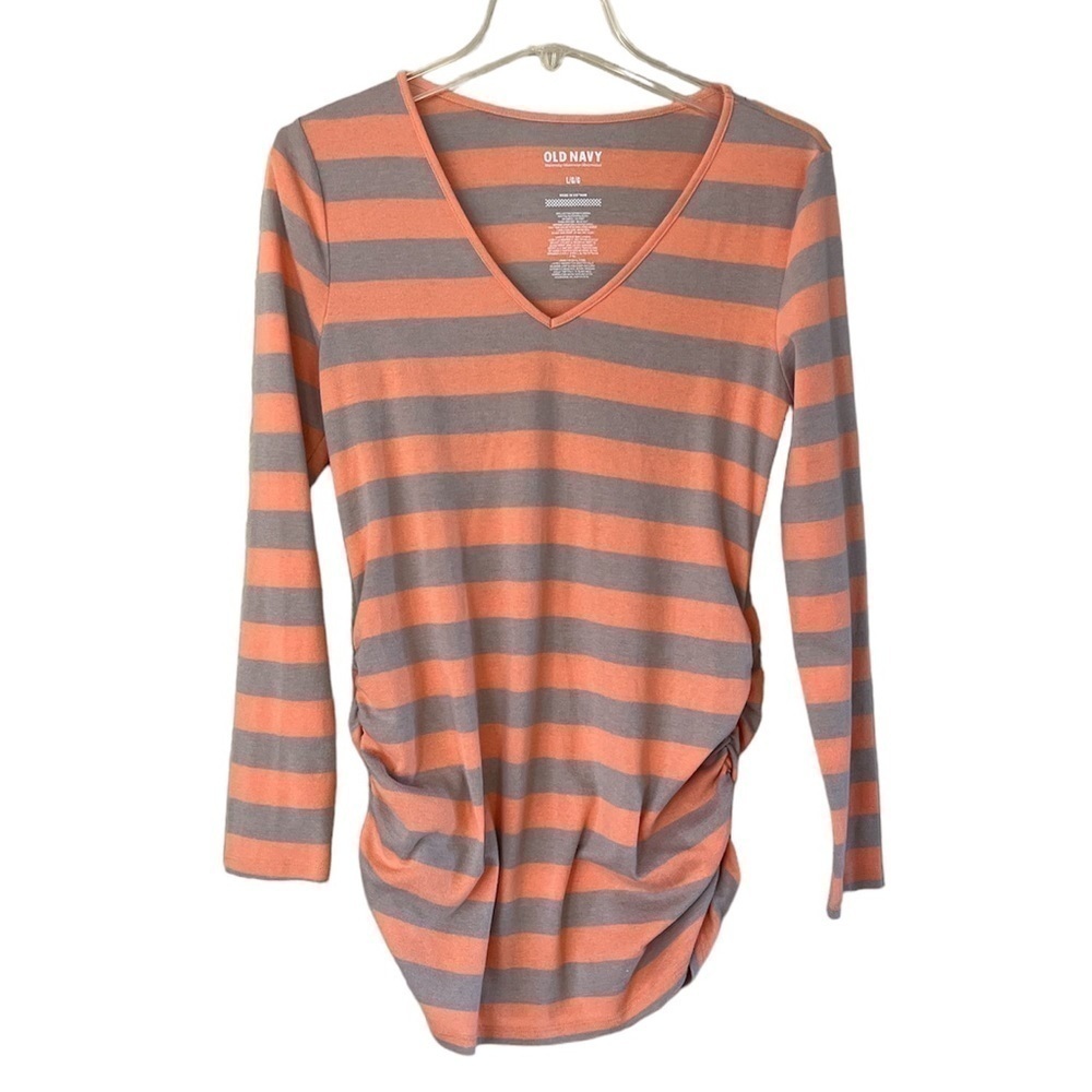 Old Navy Maternity Womens Blouse Orange Tan Stripe Long Sleeve  Ruched size L